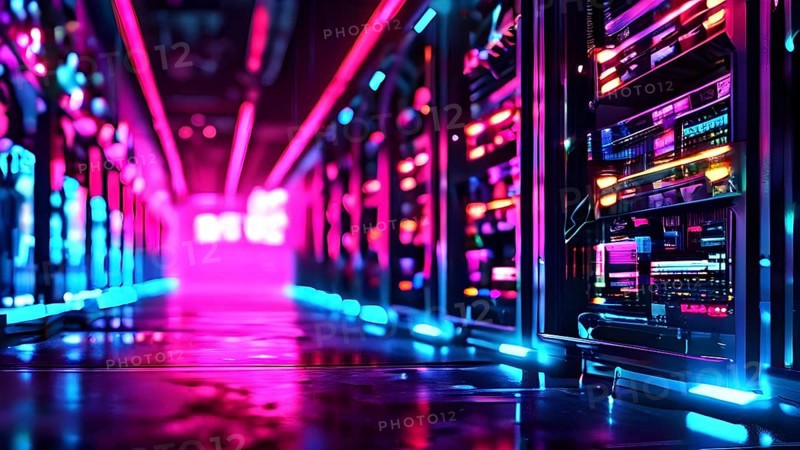 Server racks aligned in rows within a cloud computing data center background and data streams flowing, AI generated