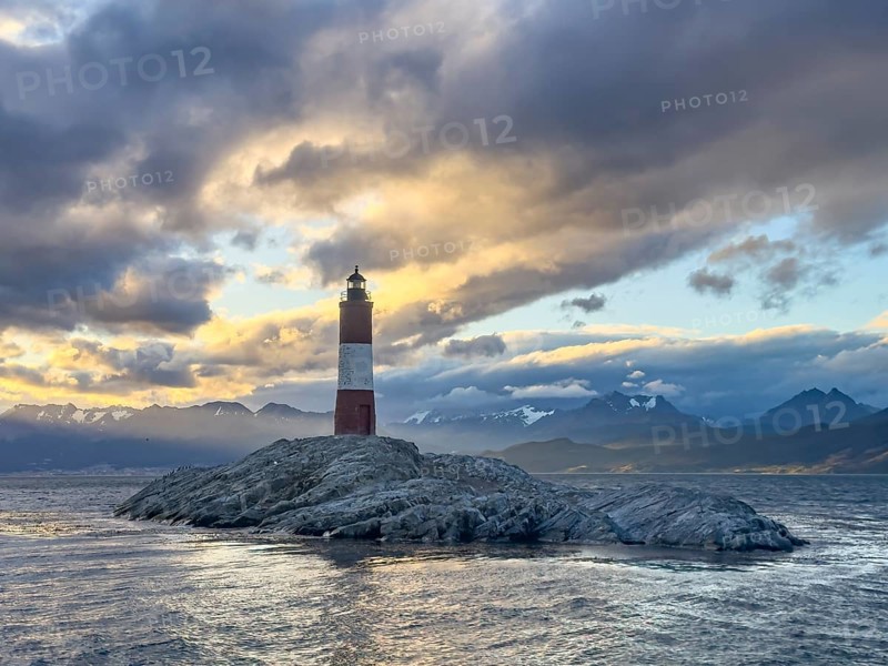 Lighthouse Faro Les Eclaireurs at sunset, dramatic clouds, Beagle Channel, Tierra del Fuego, Tierra del Fuego, Argentina, South America