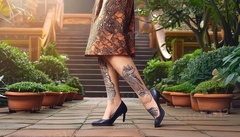 Woman walking on a paved path, showing tattoos on her legs and wearing an orange skirt and high heels, AI generated, AI generated