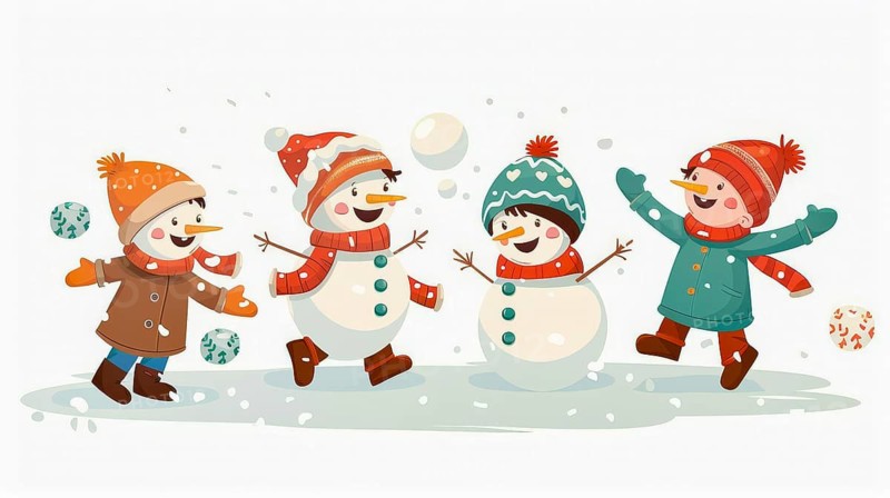 Four playful snowmen with children attire are playing with snowballs, surrounded by falling snowflakes, AI generated