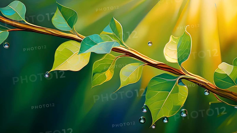 Abstract digital painting embodying sustainability with intertwining leaves glisten with water droplets, AI generated