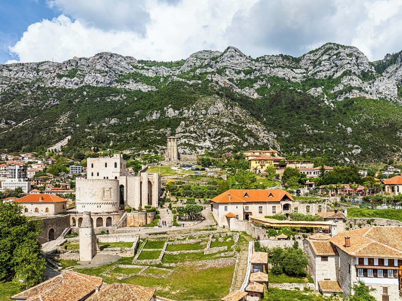 Kruje and Mount Kruje from a drone, Ishem River, Albania, Europe