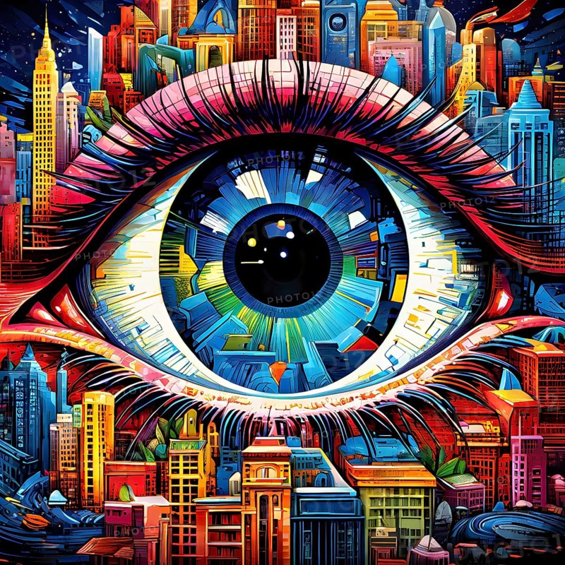 Illustration mosaic collage of an abstract detailed eye morphing into urban cityscape, AI generated