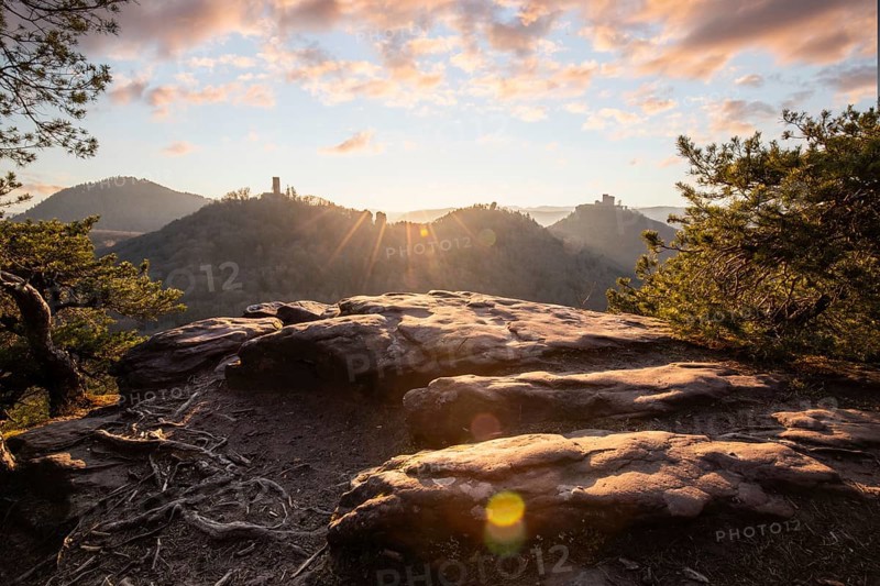 View of Trifels Castle, from Engels Landing rock, with the young tower in autumn at sunset. Beautiful landscape in the Palatinate Forest, Rhineland-Palatinate, Germany, Europe