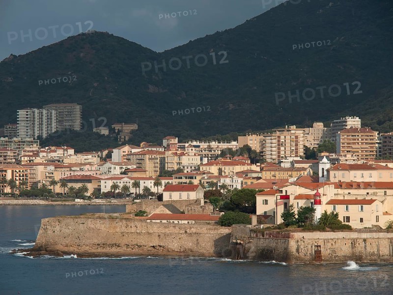 Coastal town with historic and modern buildings bordering the coastal defence heights, Corsica, ajaccio, France, Europe