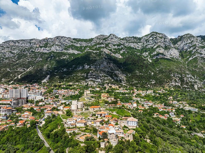 Kruje and Mount Kruje from a drone, Ishem River, Albania, Europe