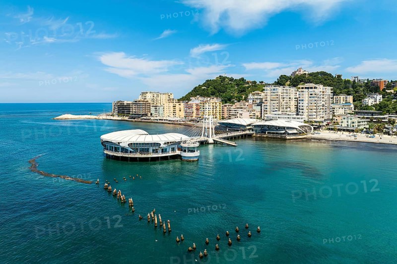 Pier and Promenade in Durres from a drone, Adriatic Sea, Albania, Europe