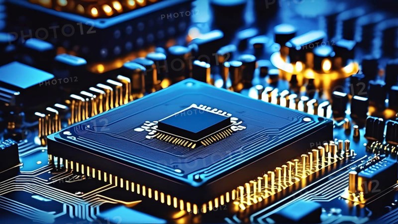 Close-up of a printed circuit board with microchip processor CPU, various electronic components and connections, symbol image data transmission, technology, computer, hardware and industry, AI generated, AI generated