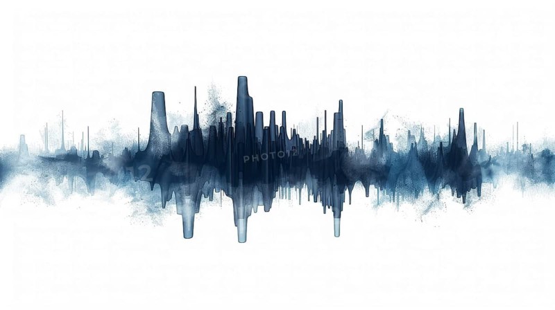 Abstract cityscape resembling a sound wave in black and blue tones on a white background, AI generated
