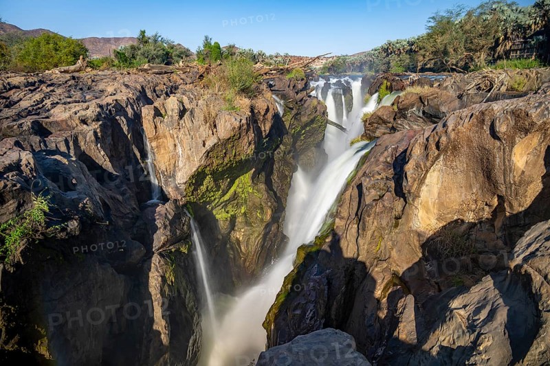 Epupa Falls waterfall on the Kunene River, long exposure, Kunene, Namibia, Africa