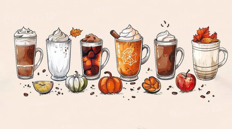 Illustration of various coffee drinks adorned with whipped cream, fruits, pumpkins, and leaves in a fall atmosphere, AI generated