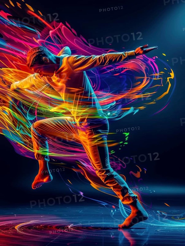 Dancer in an energetic pose with neon light trails creating a vibrant and dynamic pattern against a dark background, AI generated