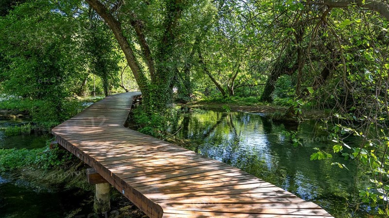 Wooden footbridge in Krka National Park, Krka Waterfalls, Dalmatia, Croatia, Europe