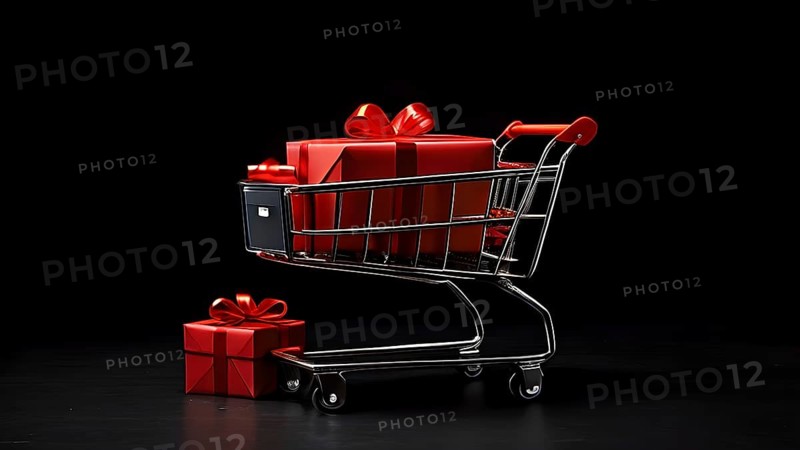 Black friday shopping cart brimming with black gift boxes tied with red ribbons against a dark grey background, AI generated