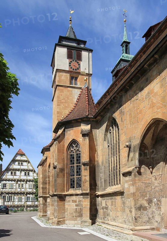 St Bartholomew's Church with high watchtower and bell tower, Markgroeningen, Baden-Wuerttemberg, Germany, Europe
