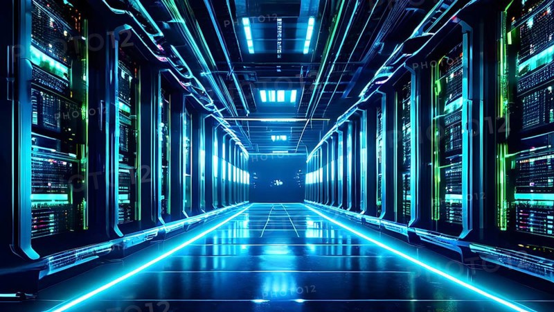 Server racks aligned in rows within a cloud computing data center background and data streams flowing, AI generated