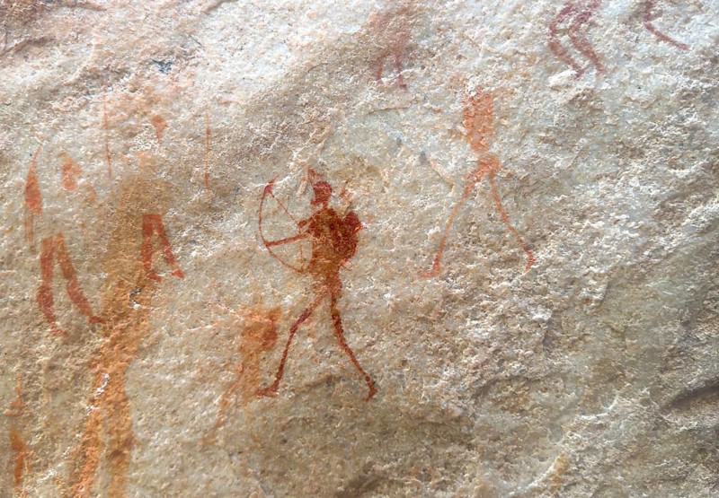 Prehistoric depiction of various people at the Ja, archer, San rock paintings, Sevilla Art Rock Trail, Cederberg Mountains, near Clanwilliam, Western Cape, South Africa, Africa