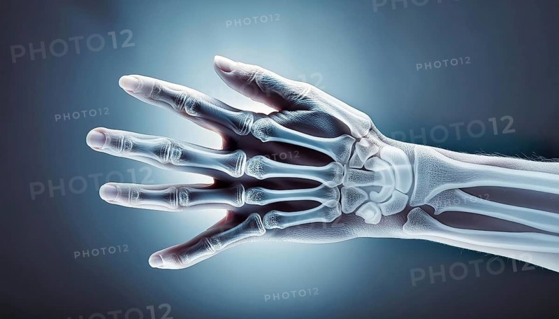 Lateral X-ray view of a human hand with visible bone structures against a blue background, AI generated, AI generated