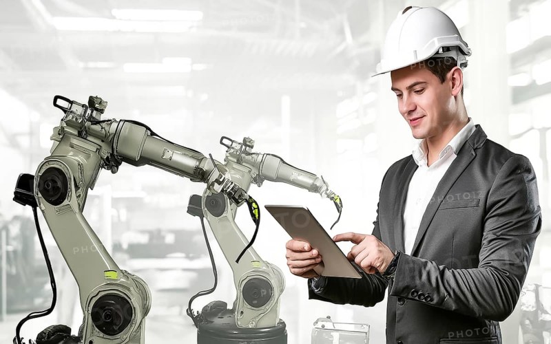 Industrial engineer with tablet control, automation of robot arms, intelligent monitoring, AI generated, AI generated