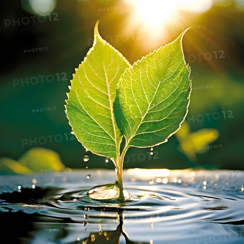 Abstract digital painting embodying sustainability with intertwining leaves glisten with water droplets, AI generated