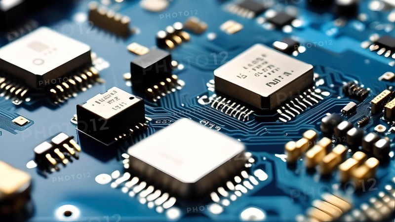 Close-up of a printed circuit board with microchip processor CPU, various electronic components and connections, symbol image data transmission, technology, computer, hardware and industry, AI generated, AI generated