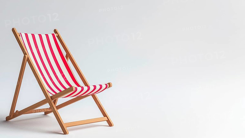 A red and white striped beach chair with wooden legs and copy-space. The chair is empty and is sitting on a white background, IA generated, AI generated
