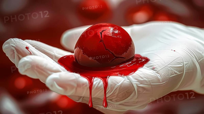 A cracked red heart in a latex-gloved hand, with blood dripping, evoking tension and drama