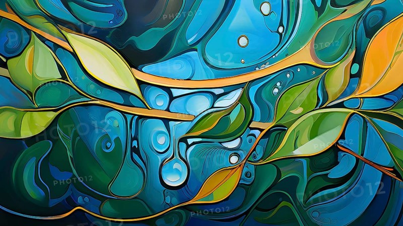 Abstract digital painting embodying sustainability with intertwining leaves glisten with water droplets, AI generated