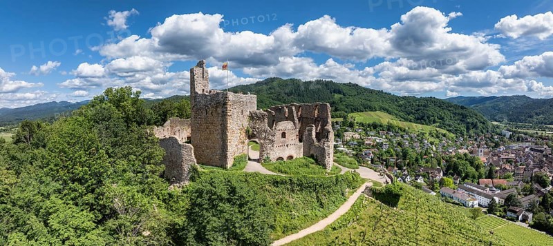 Aerial view, panorama of Staufen Castle, on a vineyard, Schlossberg, Staufen im Breisgau, Markgraeflerland, Black Forest, Baden-Wuerttemberg, Germany, Europe