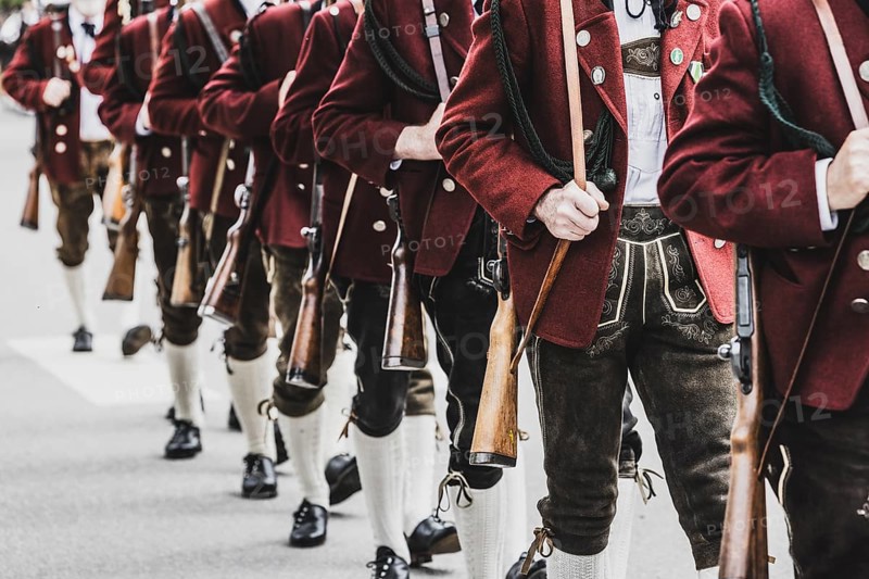 Patron saint's day, event, parade, mountain marksmen, event, rifle, parade, lederhosen, celebration, traditional traditional costume, Lenggries, Bavaria, Germany, Europe