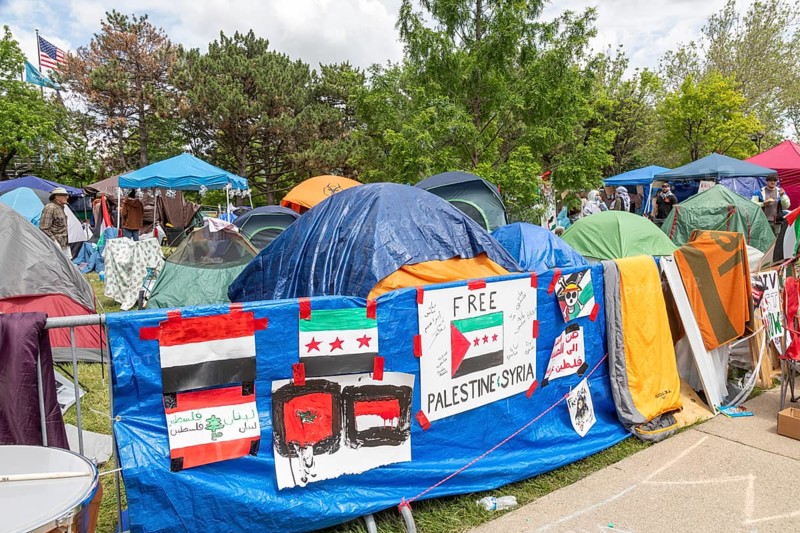 Detroit, Michigan USA, 28 May 2024, A tent encampment set up by students at the Wayne State University in solidarity with the victims of Israeli bombing in Gaza. The university responded by canceling classes 'until further notice.'