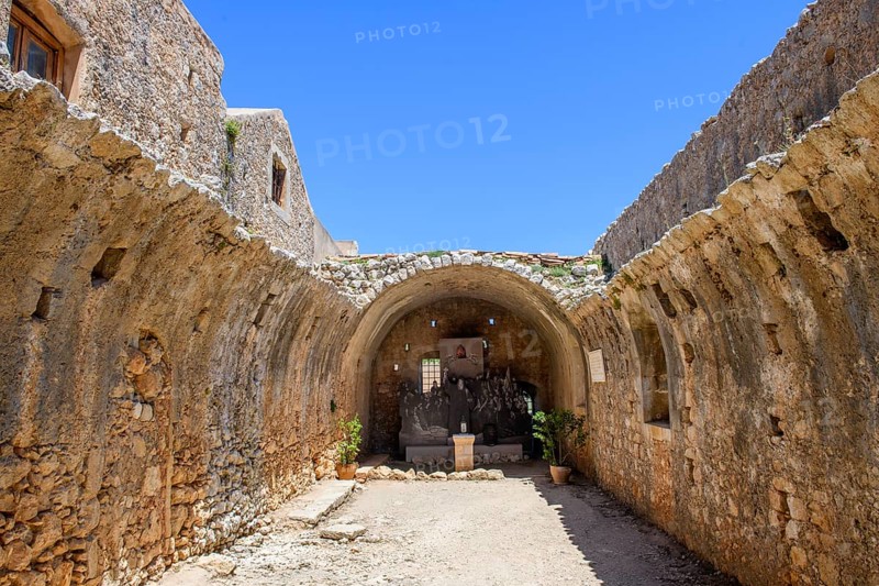 View into former wine cellar during siege by Ottoman Empire in 1866 Storage of ammunition Gunpowder chamber after self-sacrifice Blasting of monks Residents during attack without vault Roof in today UNESCO World Heritage Site Orthodox monastery Moni Arkadi Arkadi Arkadi monastery from early Middle Ages, important national monument National sanctuary on island of Crete, Arkadi, Armnatos, Crete, Greece, Europe