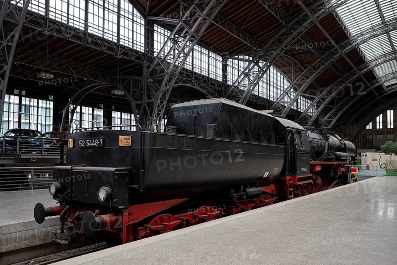 Steam locomotive class 52 of the Deutsche Reichsbahn DR with tub tender, Witte wind deflectors, museum track 24 with historical trains, monument, museum, railway museum, main station, terminus station, Leipzig, Saxony, Germany, Europe