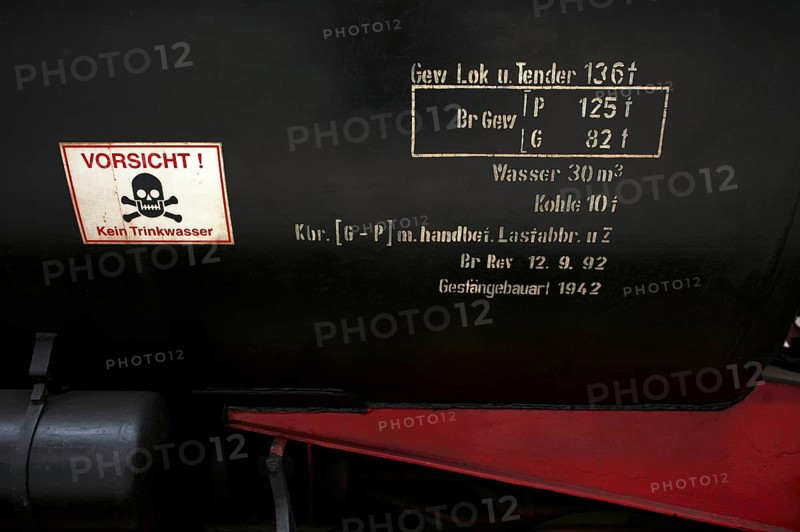 Markings on the tender of the class 52 steam locomotive of the Deutsche Reichsbahn DR with tub tender, Witte wind deflectors, museum track 24 with historical trains, monument, museum, railway museum, main station, terminus station, Leipzig, Saxony, Germany, Europe