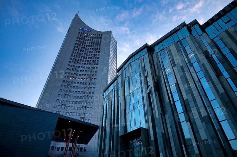 Gewandhaus, City-Hochhaus, mdr, Logo, University Alma Mater Lipsiensis, Leipzig, Saxony, Germany, Europe
