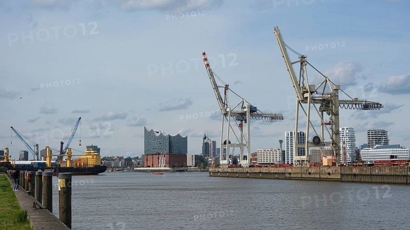 View over the Hamburg harbour with cranes, behind the Elbe Philharmonic Hall, Panorama, Hanseatic City of Hamburg, Hamburg, Germany, Europe