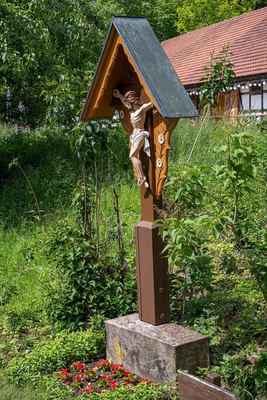 Typical wooden wayside cross, field cross, crucifix, open-air museum Neuhausen ob Eck, district of Tuttlingen, Baden-Wuerttemberg, Germany, Europe