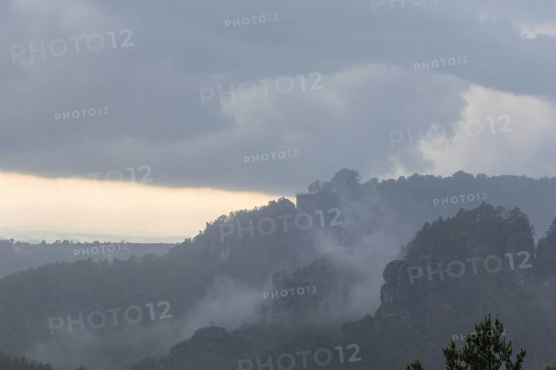 View from the goat's back in Saxon Switzerland during a thunderstorm, cloudburst, Hohnstein, Saxony, Germany, Europe