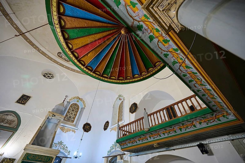 Retzep Pasha Mosque, Colourful painted ceiling of the interior of a mosque with decorative elements and arched windows, Rhodes Old Town, Rhodes Town, Rhodes, Dodecanese, Greek Islands, Greece, Europe