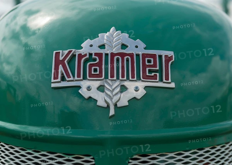 Kramer tractor, company logo, sheet metal problem on green painted bonnet, Offenbach, Dreieich, Hesse, Germany, Europe