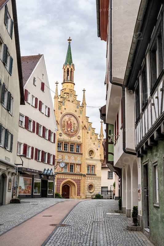 Pedestrian zone with the Heilig-Geist-Spital in the historic old town of Bad forest lake, Upper Swabia, Swabia, Baden-Wuerttemberg, Germany, Europe