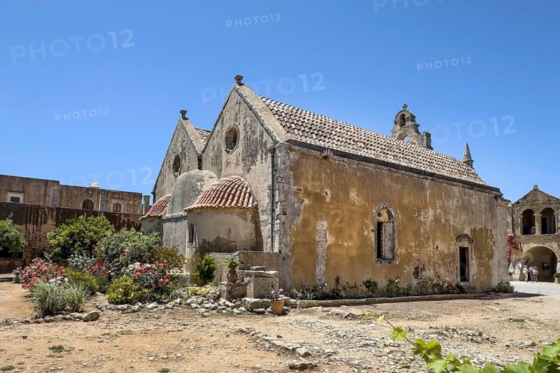 View of back of two-aisled church building Church Monastery Church dedicated to Saints Constantine and Helen and Transfiguration of Christ the Saviour of Arkadi Monastery with double apse built 1587 to 1600 Double apse of UNESCO World Heritage Site Orthodox Monastery of Moni Arkadi Arkadi Monastery from early Middle Ages, important national monument National Shrine on Crete Island, Arkadi, Armnatos, Crete, Greece, Europe