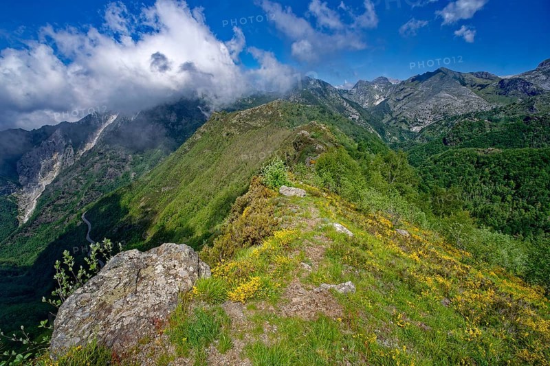 Mountain panorama from Passo Croce in the Garfagnana mountain landscape to the peaks of the Apuan Alps, Levigliane, Castelnuovo, Tuscany, Italy, Southern Europe, Europe