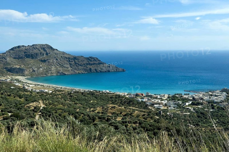 View from elevated position on bay of Plakias with turquoise blue water on south coast of Crete island on Libyan Sea Mediterranean, Plakias, Crete, Greece, Europe
