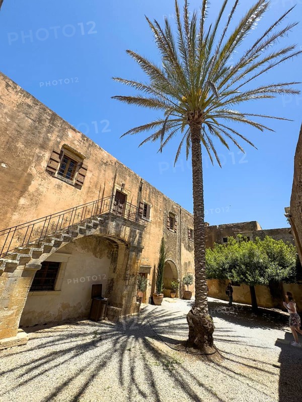 Atrium of the north wing of the building with access to the historic dining room for monks above private area not accessible to visitors in the UNESCO World Heritage Site of the Orthodox Monastery of Moni Arkadi Arkadi Monastery from the early Middle Ages, important national monument national shrine on the island of Crete, Arkadi, Armnatos, Crete, Greece, Europe