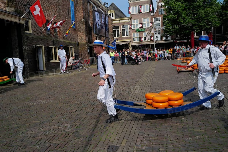 Cheese bearers carry Dutch cheese across a market yard at a Friday market in Holland. Alkmaar, Netherlands