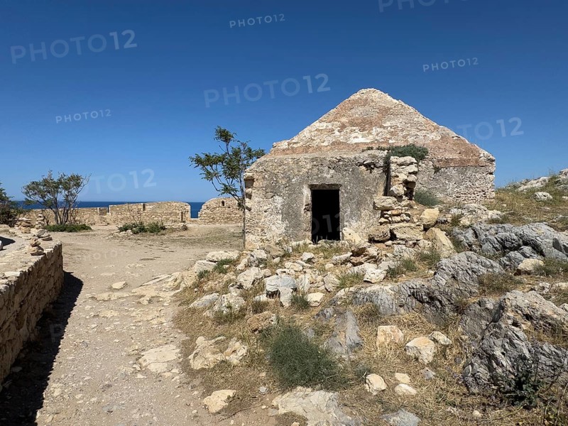 Former ammunition chamber in front of north-west bastion bastion of historic fortress Fortetza Fortezza of Rethymno built by Republic of Venice in 16th century in north-west of old town of Rethymno on rocky hill Paleokastro on north coast of island of Crete, Rethymno, Crete, Greece, Europe