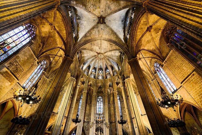 Interior view, La Catedral de la Santa Creu i Santa Eulalia, Barri Gotic, Barcelona, Catalonia, Spain, Europe, Interior view of a Gothic cathedral with monumental arches and welcome light through windows, Europe
