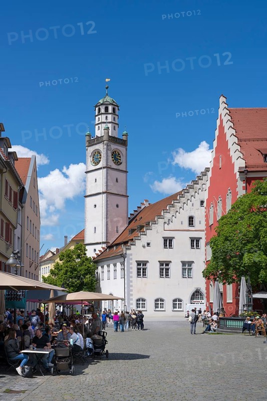 View over the Marienplatz with the Blaserturm, on the right the town hall in the historic old town of Ravensburg, district of Ravensburg, Baden-Wuerttemberg, Germany, Europe