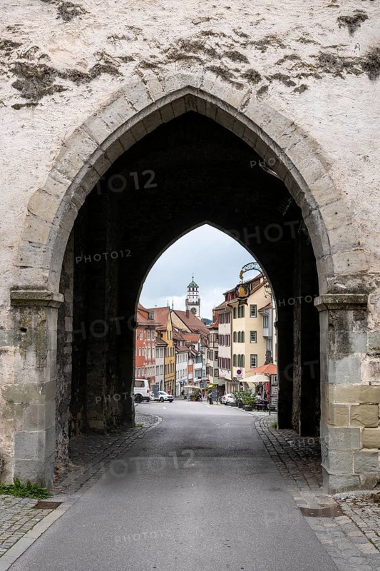 View through the Obertor, historic town gate along Marktstrasse to the Blaserturm tower in the old town centre of Ravensburg, Ravensburg district, Baden-Wuerttemberg, Germany, Europe